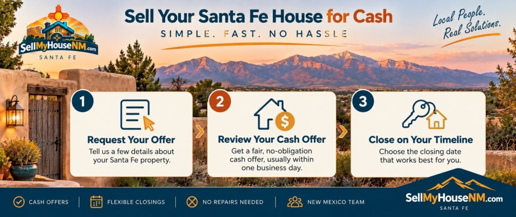 Infographic of three steps to sell a Santa Fe house for cash: request your offer, review your cash offer, and close on your timeline