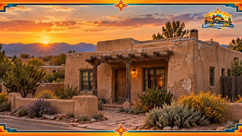 Older Santa Fe adobe home with cracked plaster and a worn flat roof, the kind of house we buy as-is