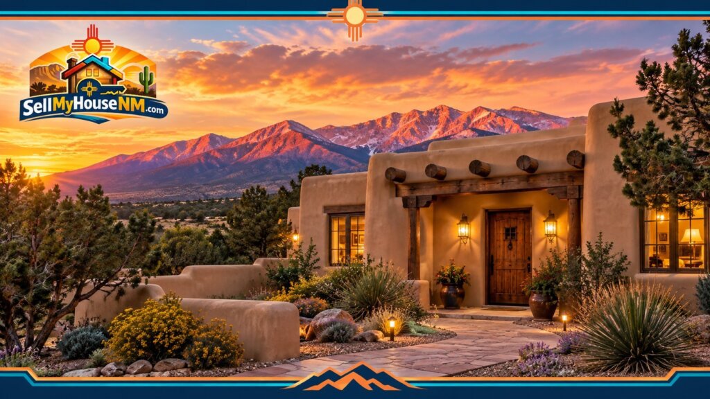 Pueblo-style adobe home in Santa Fe at sunset with the Sangre de Cristo Mountains glowing behind it