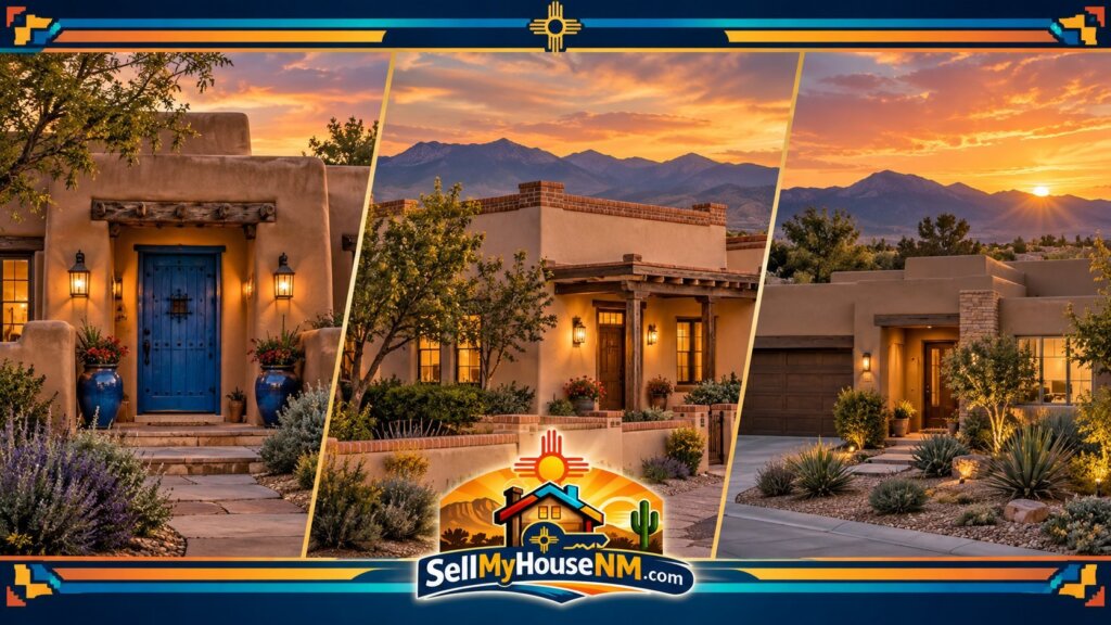 Three Santa Fe homes: an Eastside adobe with a blue door, a Territorial-style home with brick coping, and a newer stucco home in Rancho Viejo