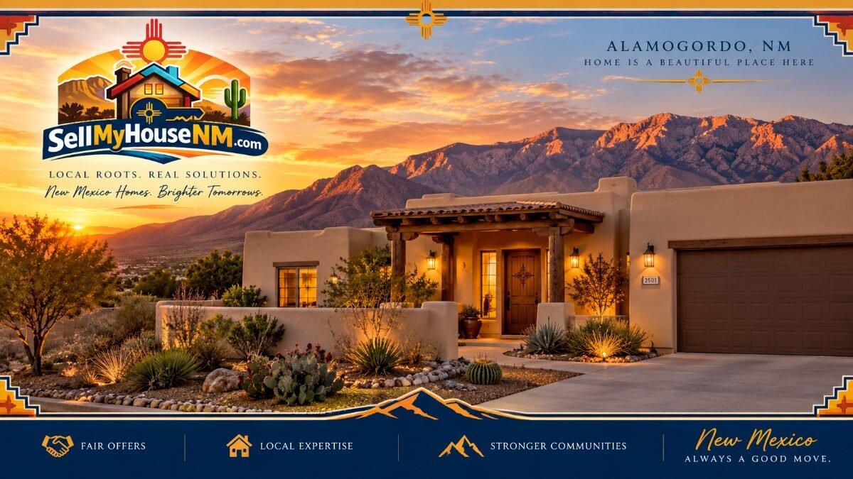 Stucco home in Alamogordo, New Mexico, at sunset with the Sacramento Mountains rising behind it