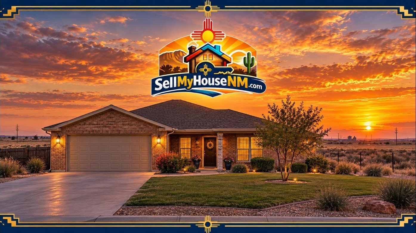 Sell My House NM graphic of a brick home in Clovis, New Mexico, at sunset on the open eastern plains