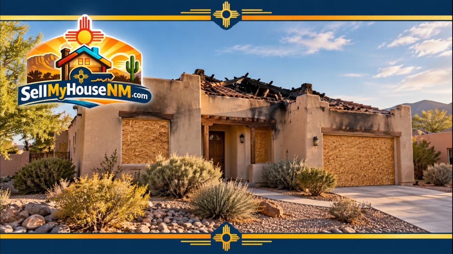 Sell My House NM graphic of a New Mexico stucco home with a fire-damaged roof and boarded windows