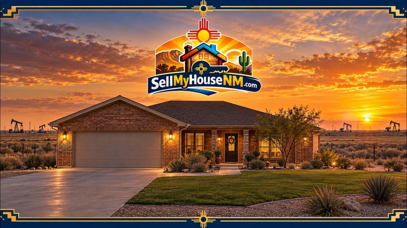 Sell My House NM graphic of a brick ranch home in Hobbs, New Mexico, at sunset with oil pumpjacks on the horizon