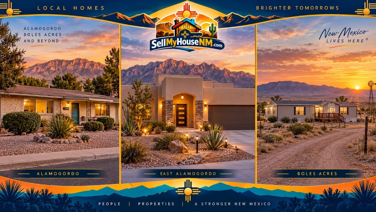 Three Alamogordo-area homes: a ranch in central Alamogordo, a stucco home on the east side, and a manufactured home on acreage in Boles Acres