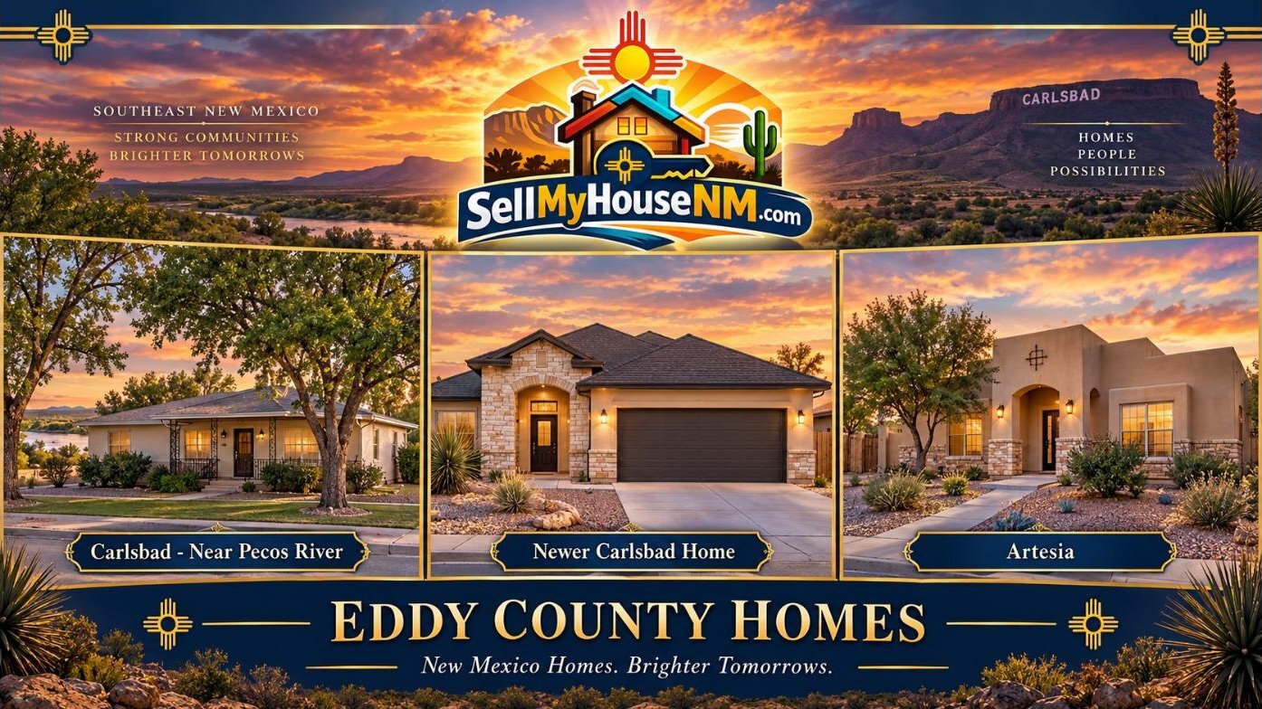 Sell My House NM graphic of three Eddy County homes: an older home near the Pecos River in Carlsbad, a newer Carlsbad home, and a home in Artesia