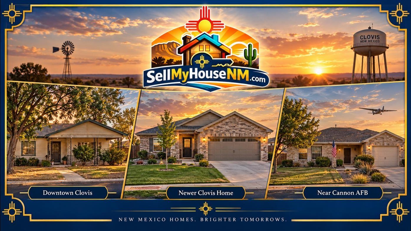 Sell My House NM graphic of three homes: an older home in downtown Clovis, a newer Clovis home, and a home near Cannon Air Force Base