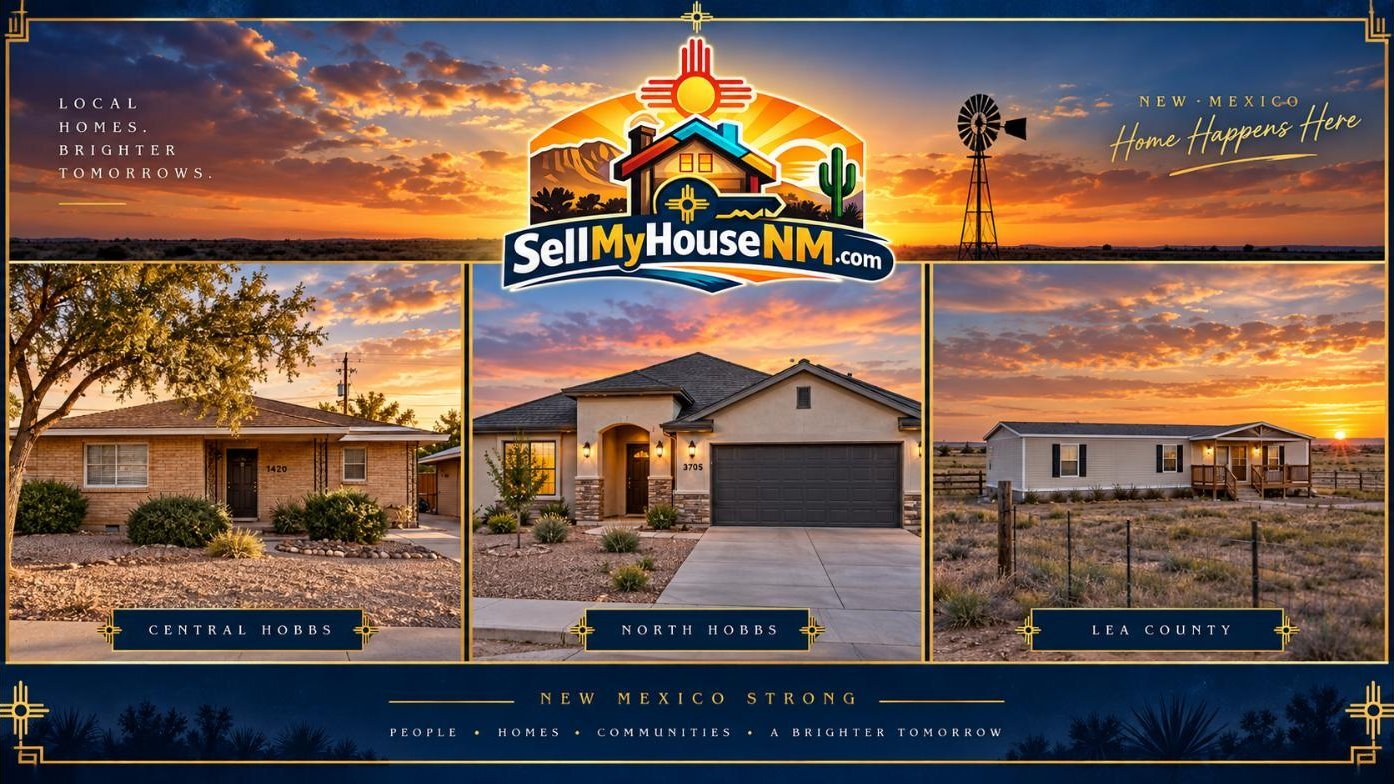 Sell My House NM graphic of three homes: an older ranch in central Hobbs, a newer home in north Hobbs, and a manufactured home on acreage in Lea County