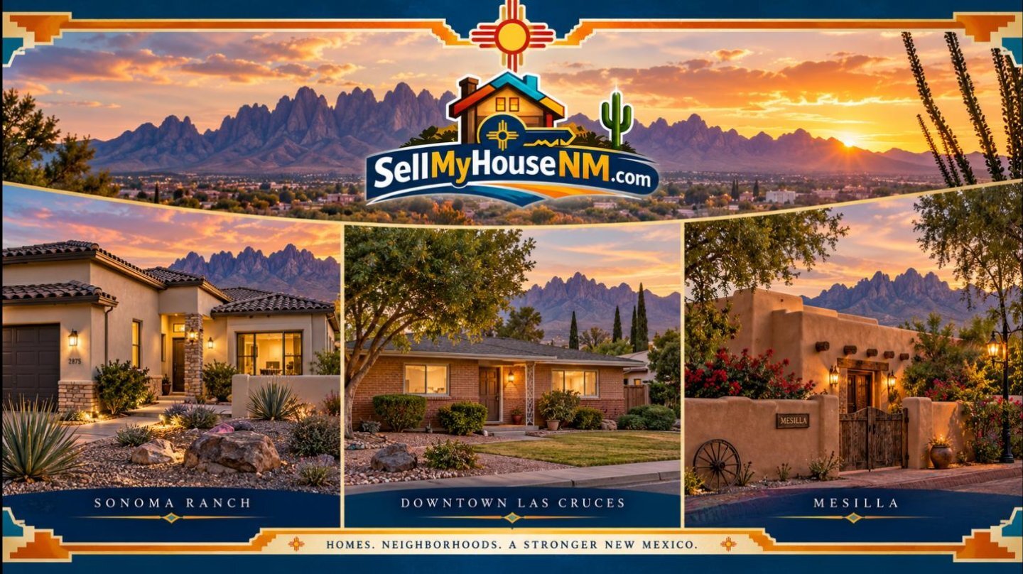Three Las Cruces area homes: a stucco home in Sonoma Ranch, a brick ranch near downtown Las Cruces, and an adobe home in Mesilla