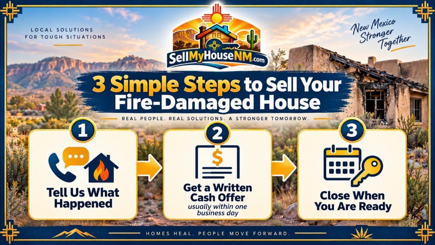 Infographic of three steps to sell a fire-damaged house for cash: tell us what happened, get a written cash offer, and close when you are ready