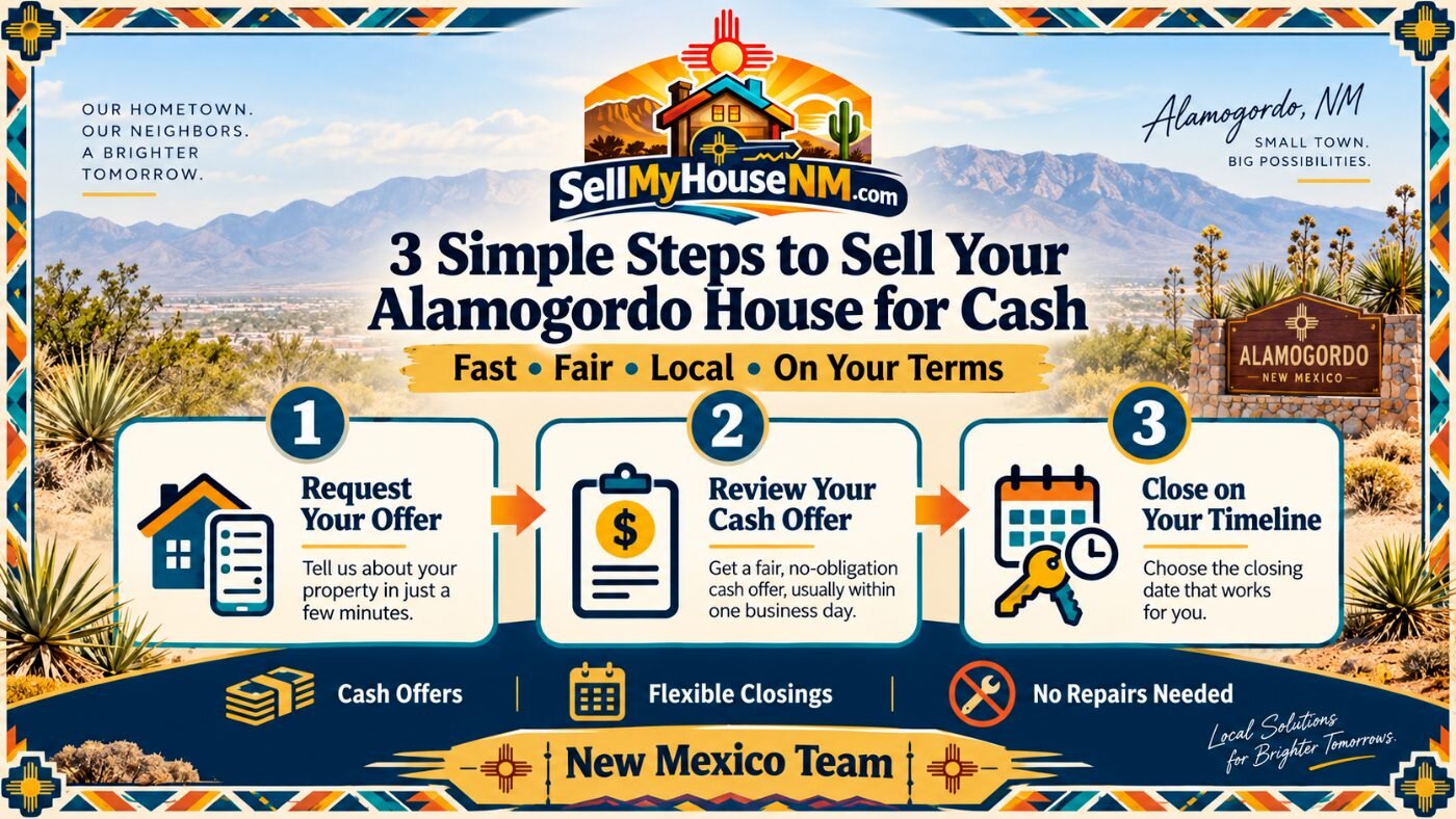 Infographic of three steps to sell an Alamogordo house for cash: request your offer, review your cash offer, and close on your timeline