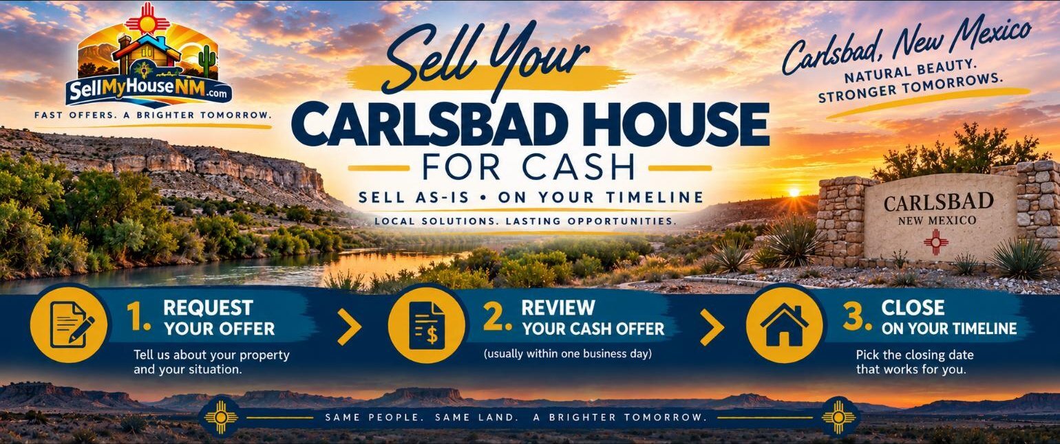 Sell My House NM infographic: Sell Your Carlsbad House for Cash in three steps: request your offer, review your cash offer, and close on your timeline