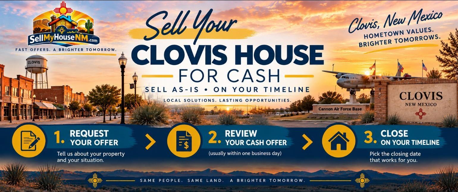 Sell My House NM infographic: Sell Your Clovis House for Cash in three steps: request your offer, review your cash offer, and close on your timeline
