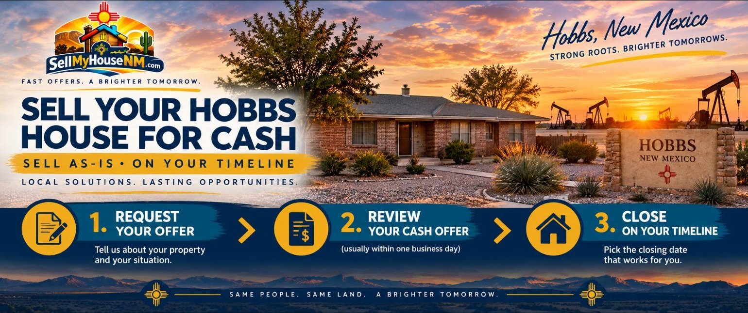 Sell My House NM infographic: Sell Your Hobbs House for Cash in three steps: request your offer, review your cash offer, and close on your timeline