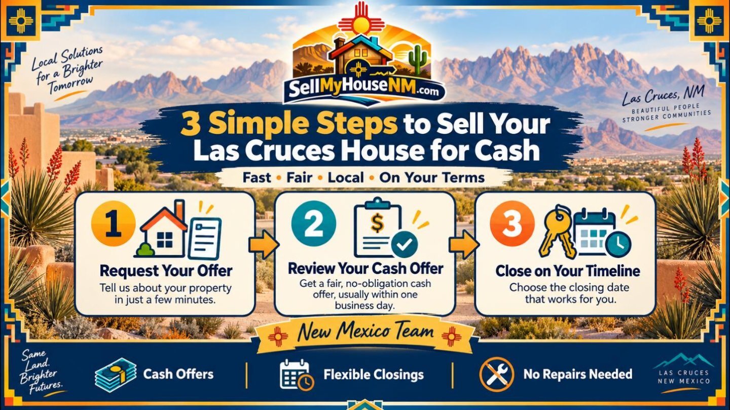 Infographic of three steps to sell a Las Cruces house for cash: request your offer, review your cash offer, and close on your timeline
