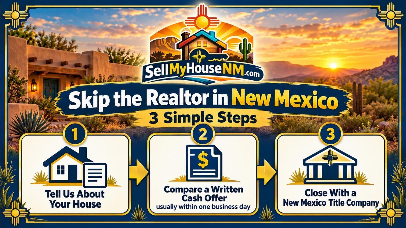 Sell My House NM infographic: Skip the Realtor in New Mexico in three steps: tell us about your house, compare a written cash offer, and close with a New Mexico title company
