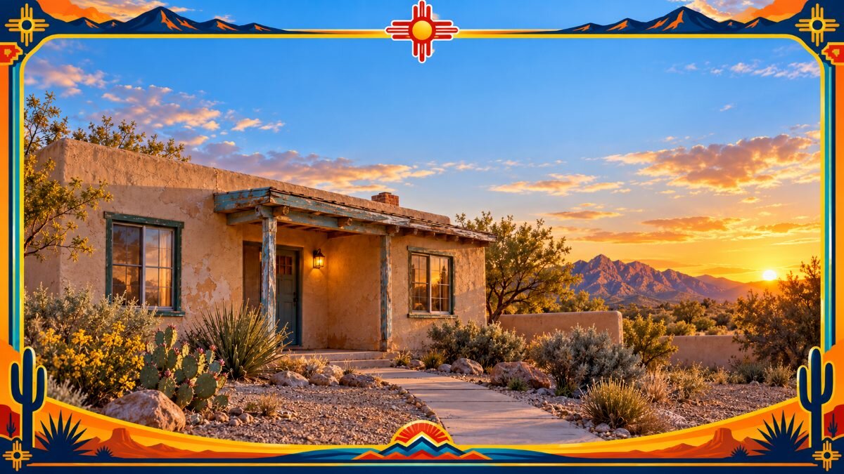 Adobe home in New Mexico at sunset with mountains in the distance