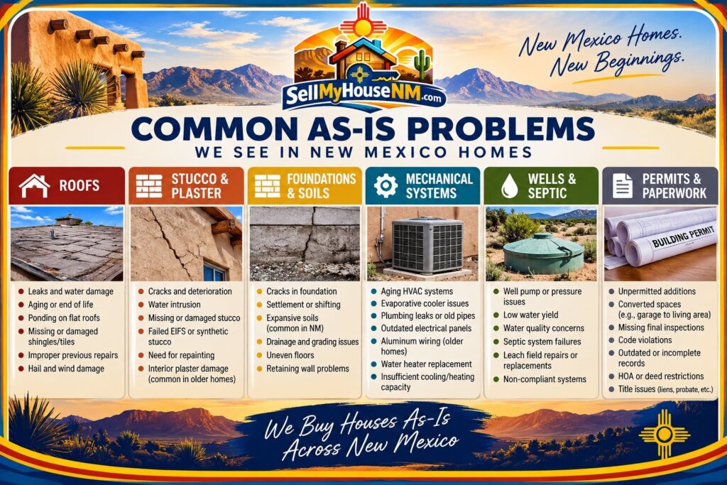 Chart of common as-is problems in New Mexico homes, grouped as roofs, stucco and plaster, foundations and soils, mechanical systems, wells and septic, and permits and paperwork