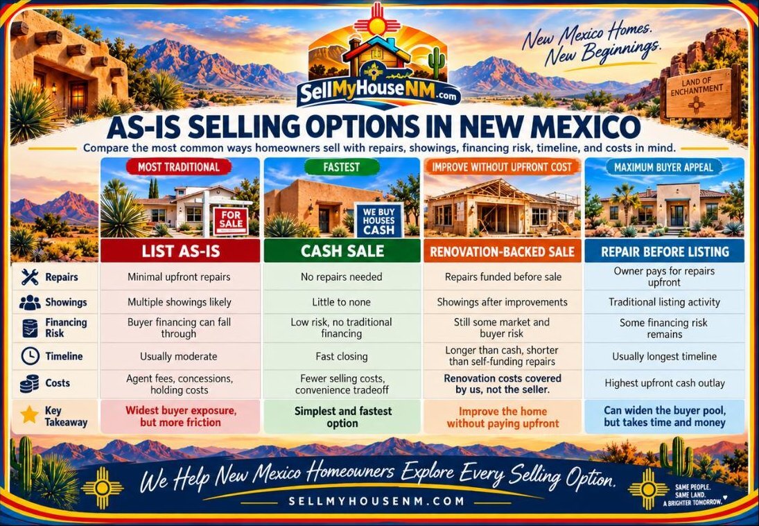 Comparison chart of four ways to sell a house as-is in New Mexico: listing as-is, a cash sale, a renovation-backed sale, and repairing before listing