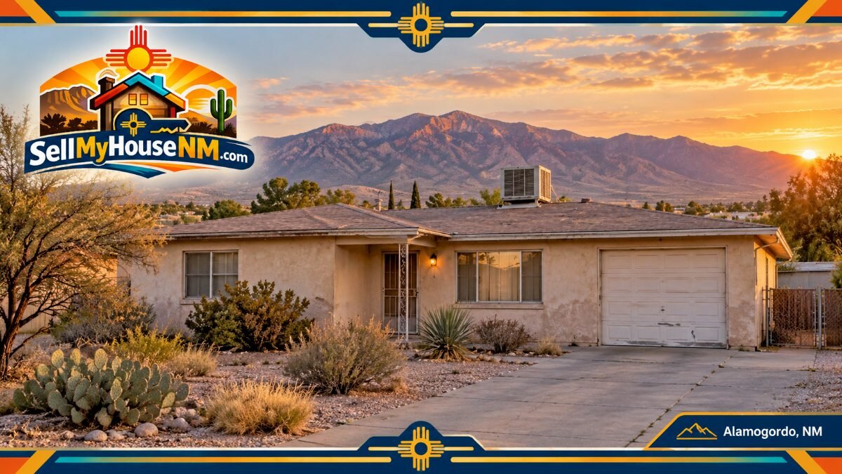Older single-story Alamogordo ranch home with faded stucco and a rooftop evaporative cooler
