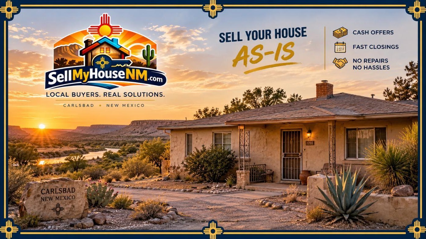 Sell My House NM graphic of an older Carlsbad stucco home with a sun-worn roof near the Pecos River, captioned Sell Your House As-Is
