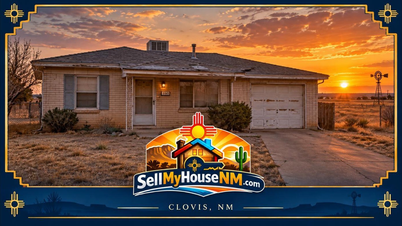 Sell My House NM graphic of an older brick home in Clovis, New Mexico, with a storm-worn roof and faded garage door at sunset