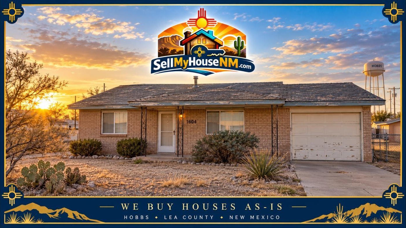 Sell My House NM graphic of an older brick home in Hobbs with a hail-worn roof and the Hobbs water tower behind it, captioned We Buy Houses As-Is