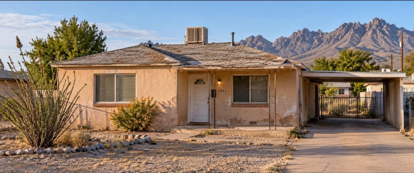 Older single-story Las Cruces home with faded stucco, a worn roof, and a carport, with the Organ Mountains behind it