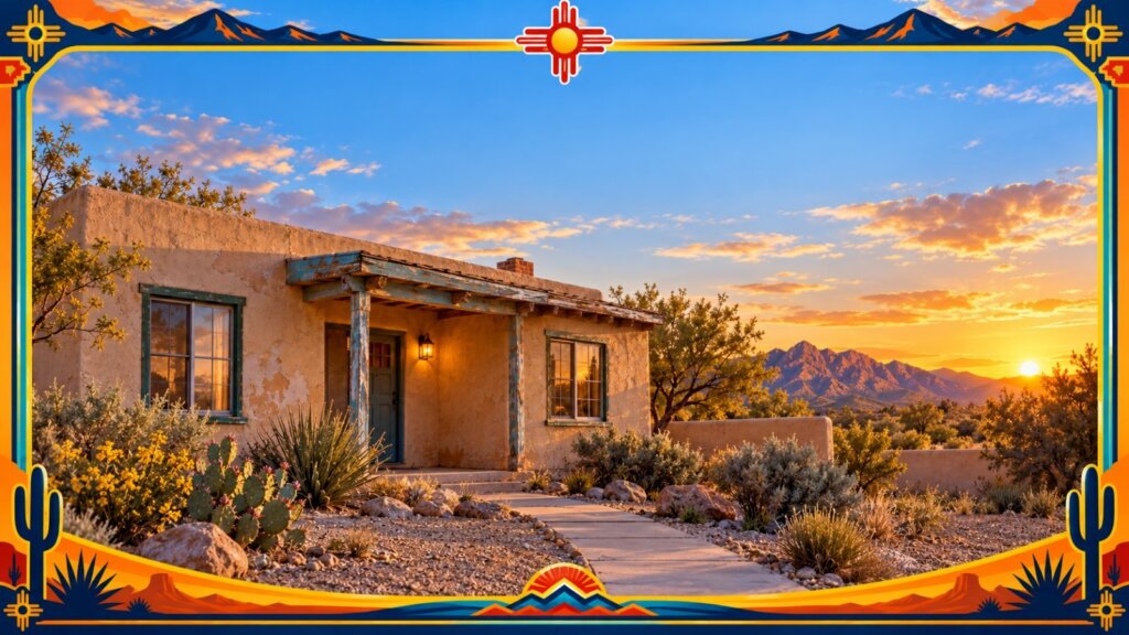 Adobe home in New Mexico at sunset with mountains in the distance, the kind of older house many owners sell as-is