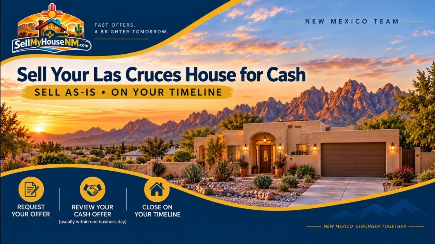 Sell My House NM graphic: Sell Your Las Cruces House for Cash, Sell As-Is On Your Timeline, over a stucco home below the Organ Mountains