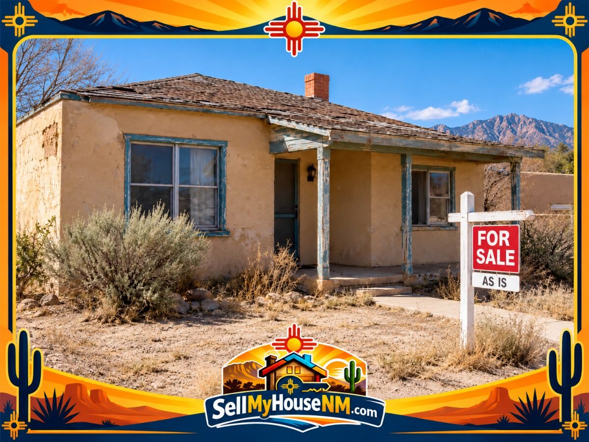 Older New Mexico stucco home with a For Sale As Is sign in the front yard