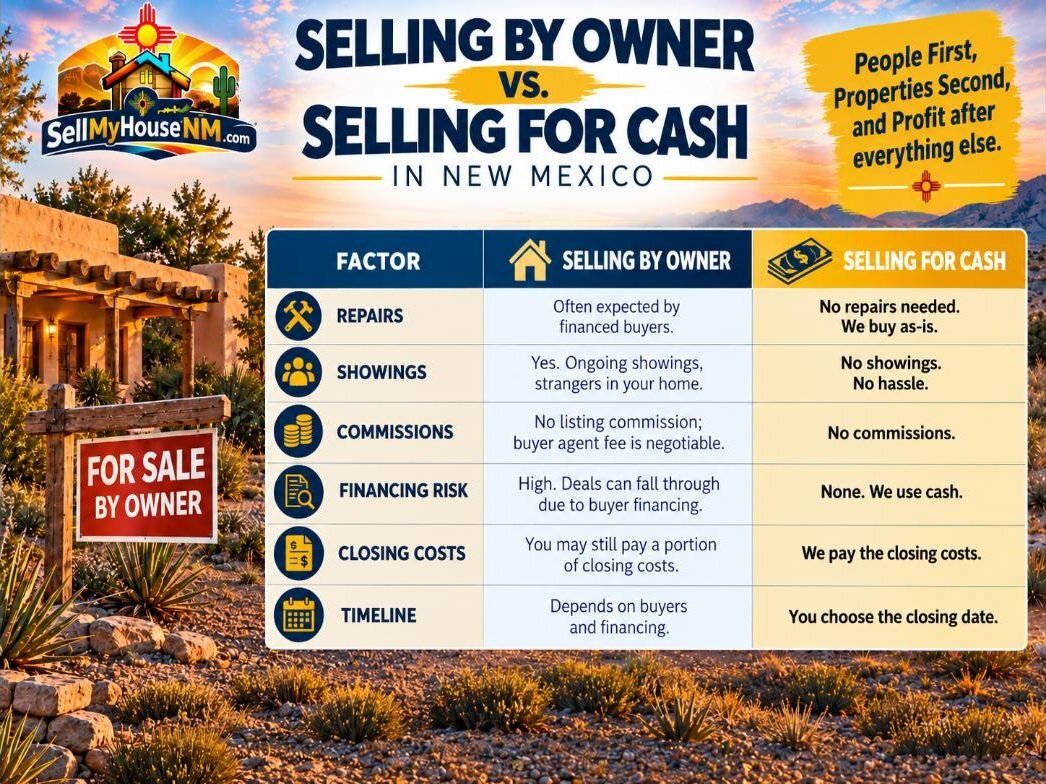 Sell My House NM comparison chart of selling by owner versus selling for cash in New Mexico, covering repairs, showings, commissions, financing risk, closing costs, and timeline