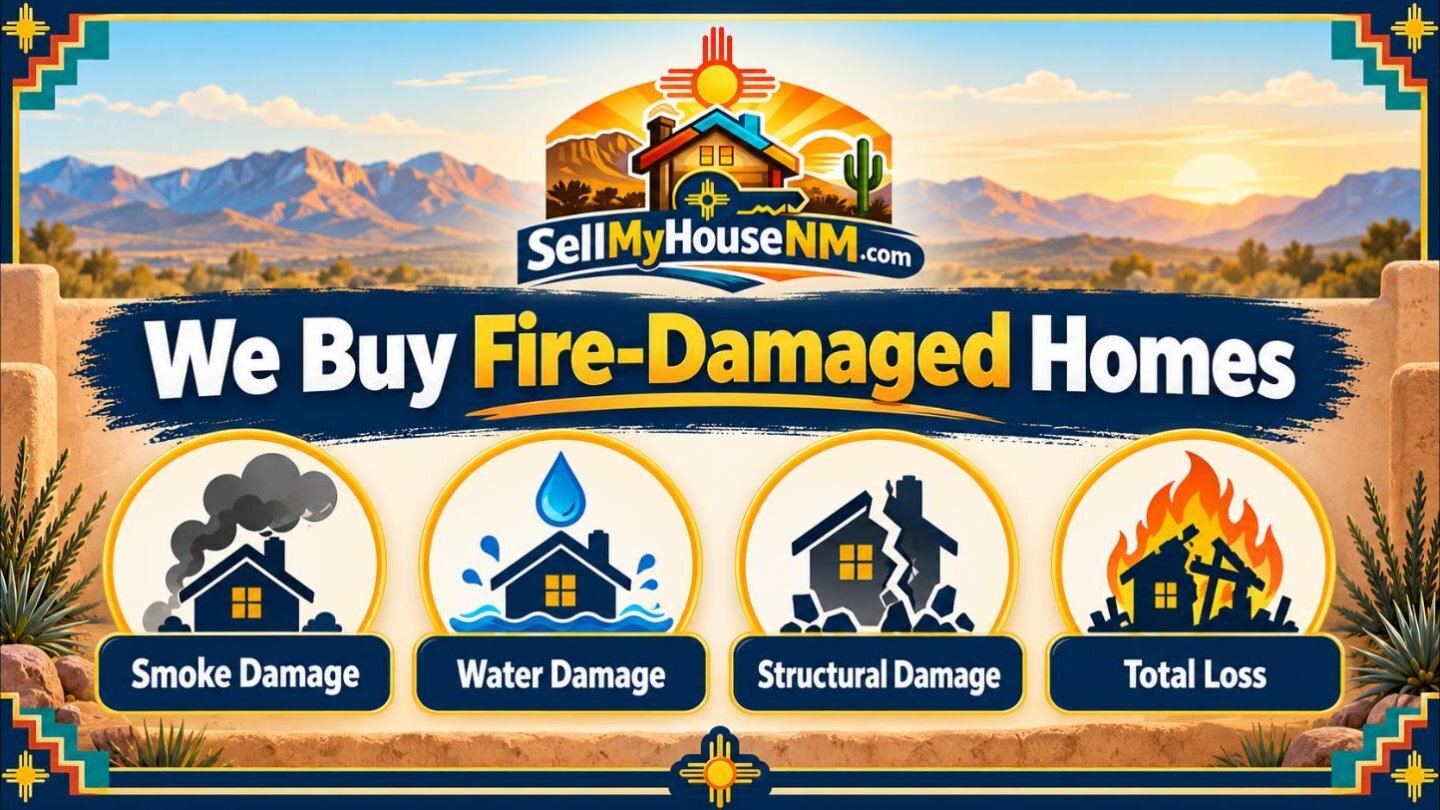 Sell My House NM graphic: We Buy Fire-Damaged Homes, with icons for smoke damage, water damage, structural damage, and total loss