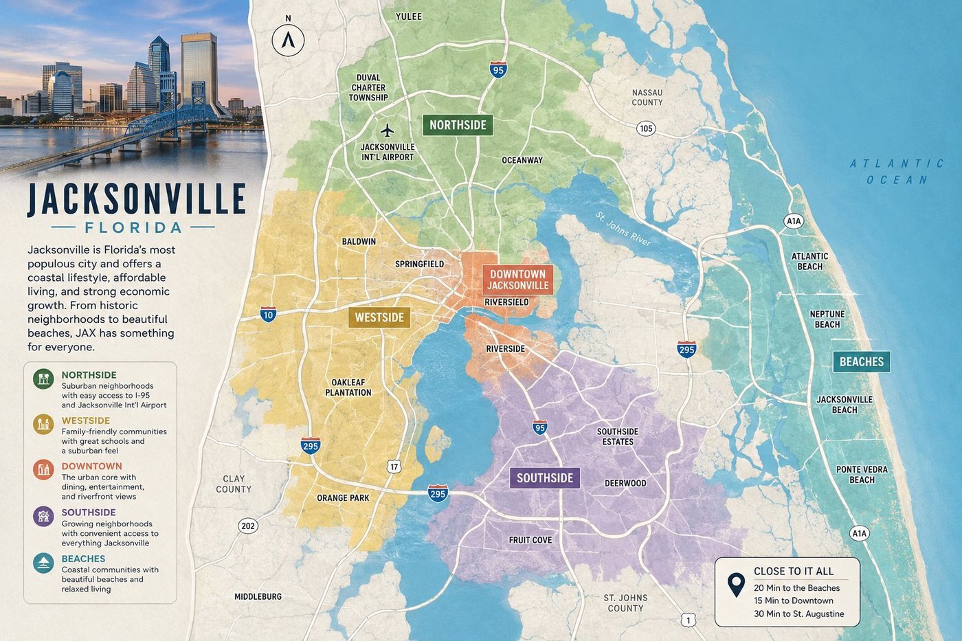 Map of Duval County, Florida — Jacksonville neighborhoods, the Beaches, and Baldwin, where Atlas Home Buyers purchases homes