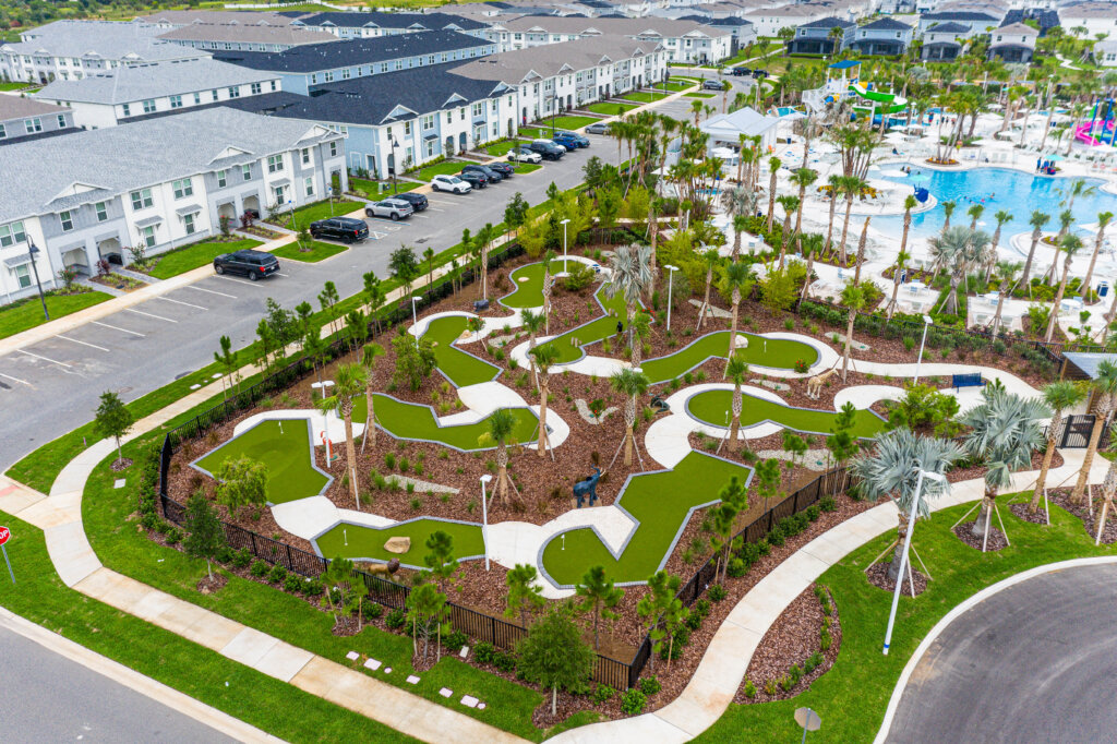 Mini golf course and pool area at Windsor Cay Resort.