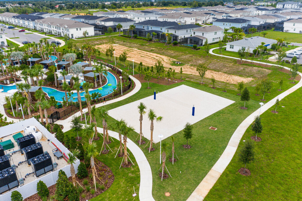Aerial view of Windsor Cay Resort green space and lazy river.