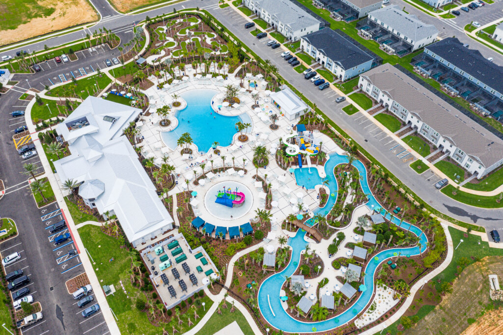 Top view of Windsor Cay Resort pool, lazy river, and clubhouse.