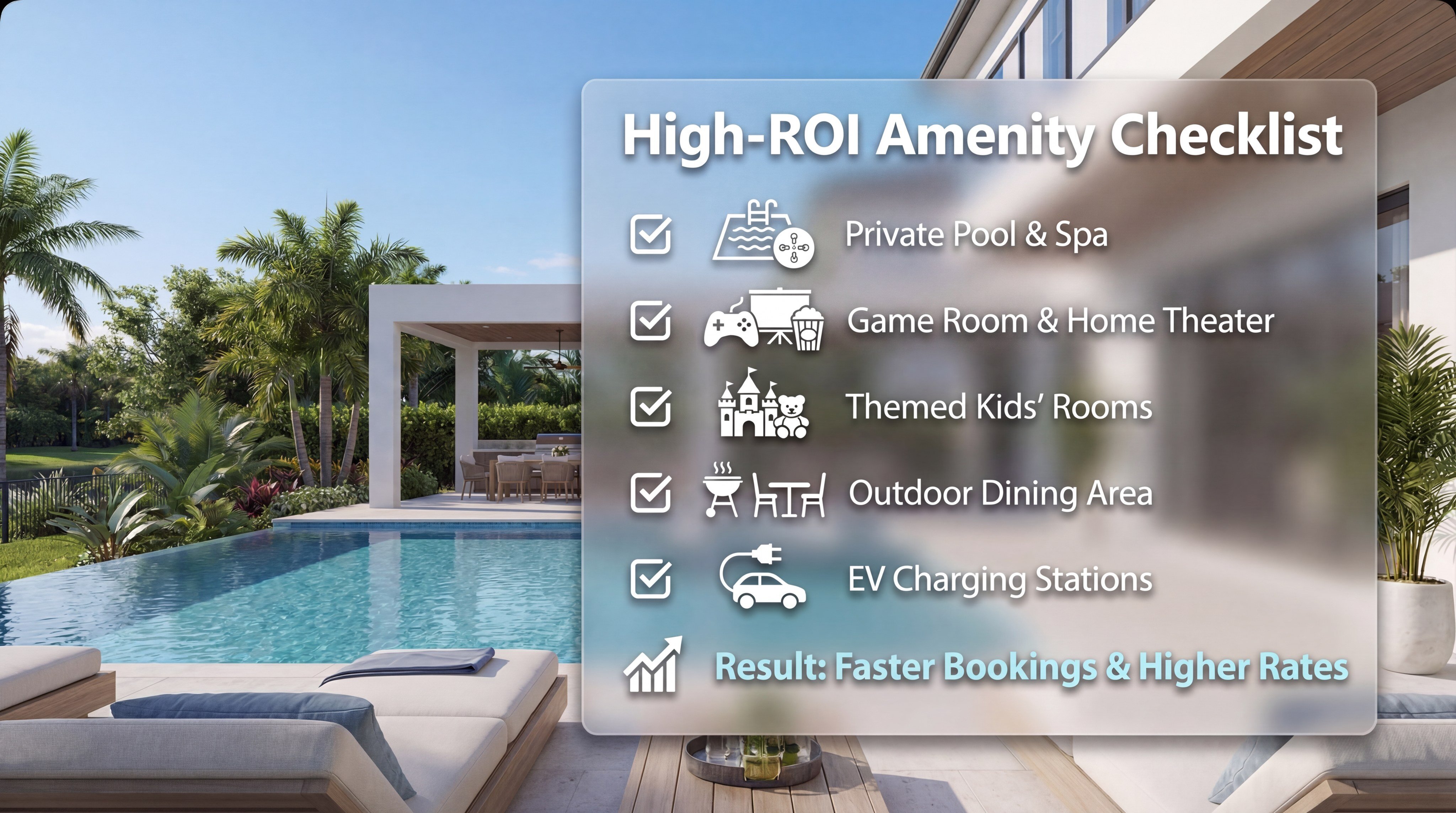 Windsor Cay Airbnb amenities checklist with pool, game room and themed rooms