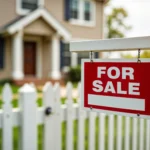 Red For Sale sign hanging from a white post in front of a white picket fence and a Kentucky-style home