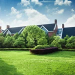 A large red-brick house with steep dark roofs, multiple chimneys, and a church-like spire in the background, surrounded by lush green trees, manicured hedges, and a spacious lawn under a partly cloudy blue sky.