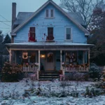 Weathered blue two-story house with red paint splatters on the upstairs windows and holiday lights on the porch, shown at dusk with frost on the lawn.