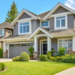 Beautiful two story grey house with white trim, landscaped front yard, and well-maintained exterior.
