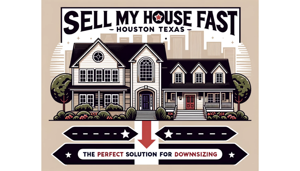 Vector illustration of a traditional Texas home next to a modern condo, symbolizing downsizing in Houston, with the title 'Sell My House Fast Houston Texas' and caption 'The Perfect Solution for Downsizing'.