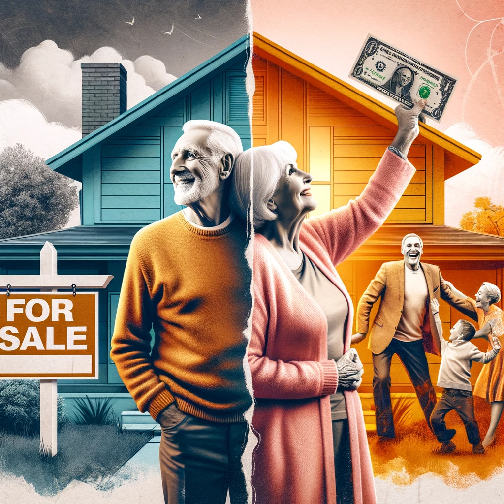 Collage showcasing a retired couple's journey: On the left, they stand somberly in front of their home with a 'For Sale' sign, representing the challenges of selling. On the right, they joyfully celebrate their new life chapter, with a cash symbol in between. This image symbolizes the benefits of choosing to 'sell my house fast Houston TX' for a seamless transition into retirement.