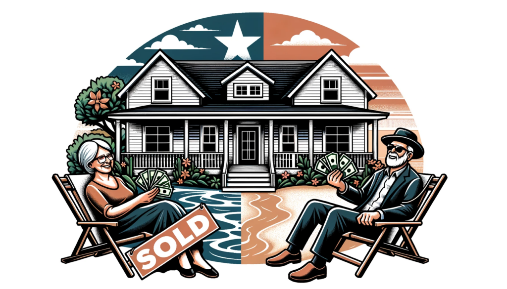 Illustration of a traditional Texas home with a 'Sold for Cash' sign, alongside a relaxed retiree couple holding cash on a beach, emphasizing the ease to 'sell my house fast' to Good Deed Homes in Houston for a worry-free retirement.