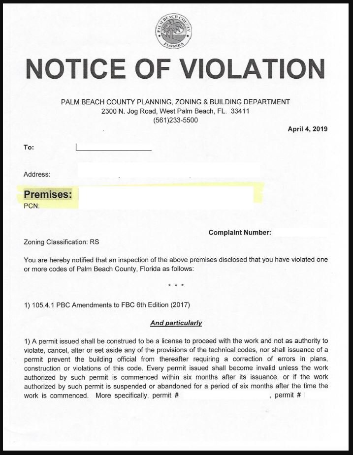 palm beach notice of violation