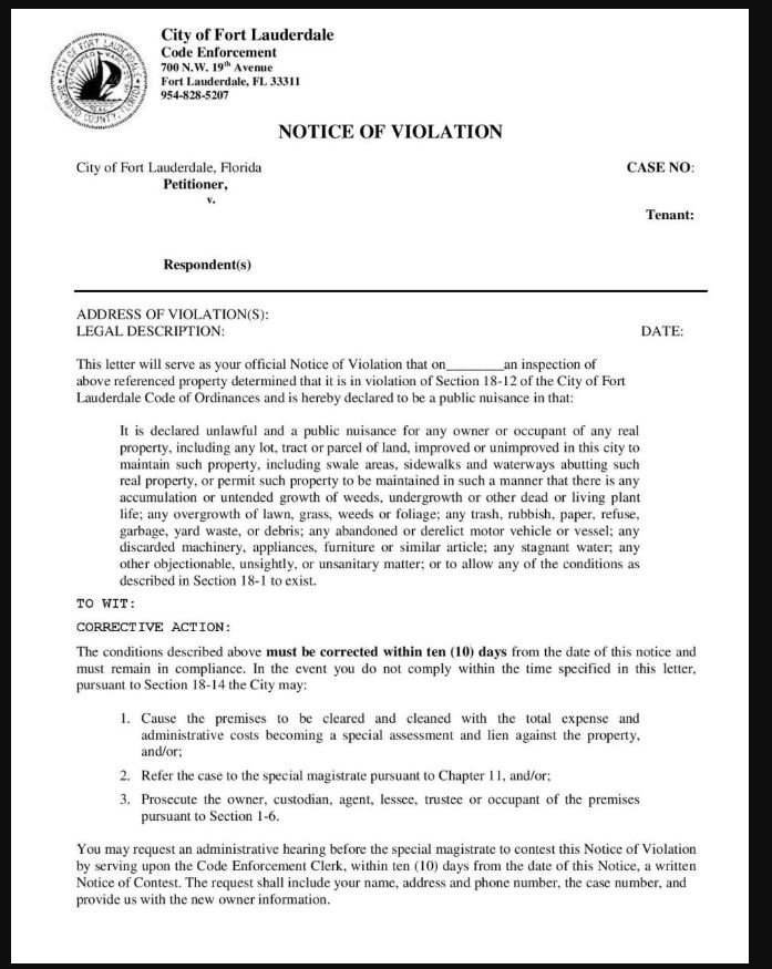 fort lauderdale notice of code violation