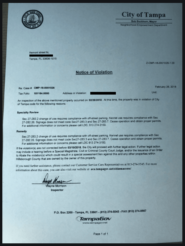 jacksonville notice of code violation