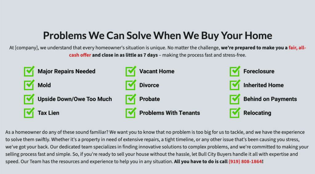 A graphic titled “Problems We Can Solve When We Buy Your Home,” showing green checkmarks next to issues homeowners face, including major repairs, mold, owing too much, tax liens, vacant homes, divorce, probate, tenant problems, foreclosure, inherited homes, behind on payments, and relocating. A short paragraph below explains that Bull City Buyers offers fair all-cash offers, closes in as little as 7 days, and helps sellers in any situation.