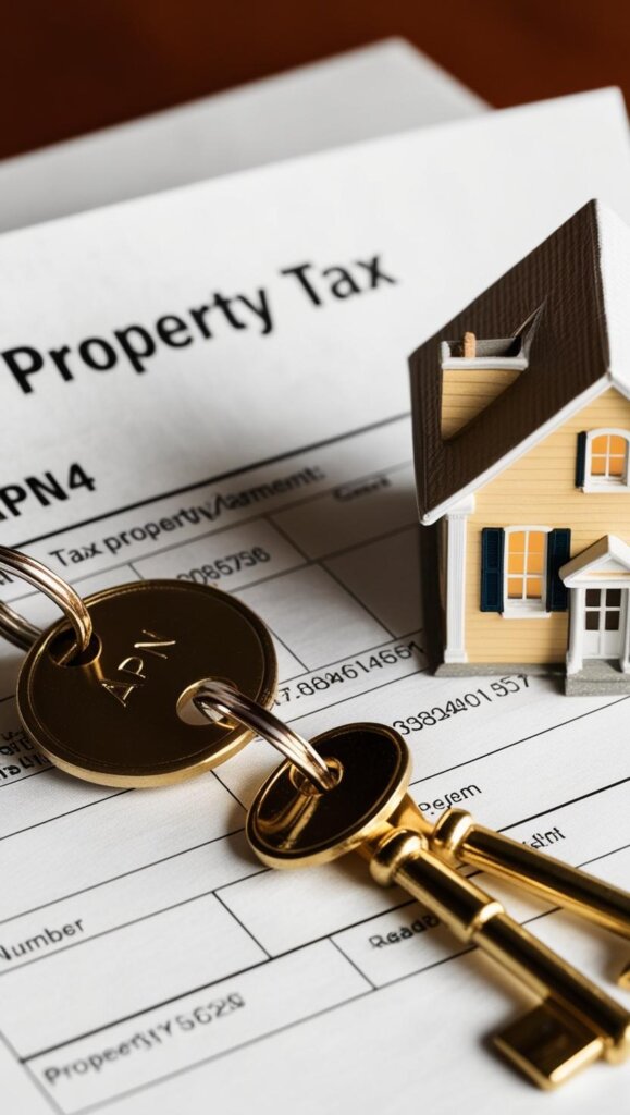A close-up of a property tax document with an APN number clearly visible, placed next to a model house and a set of keys